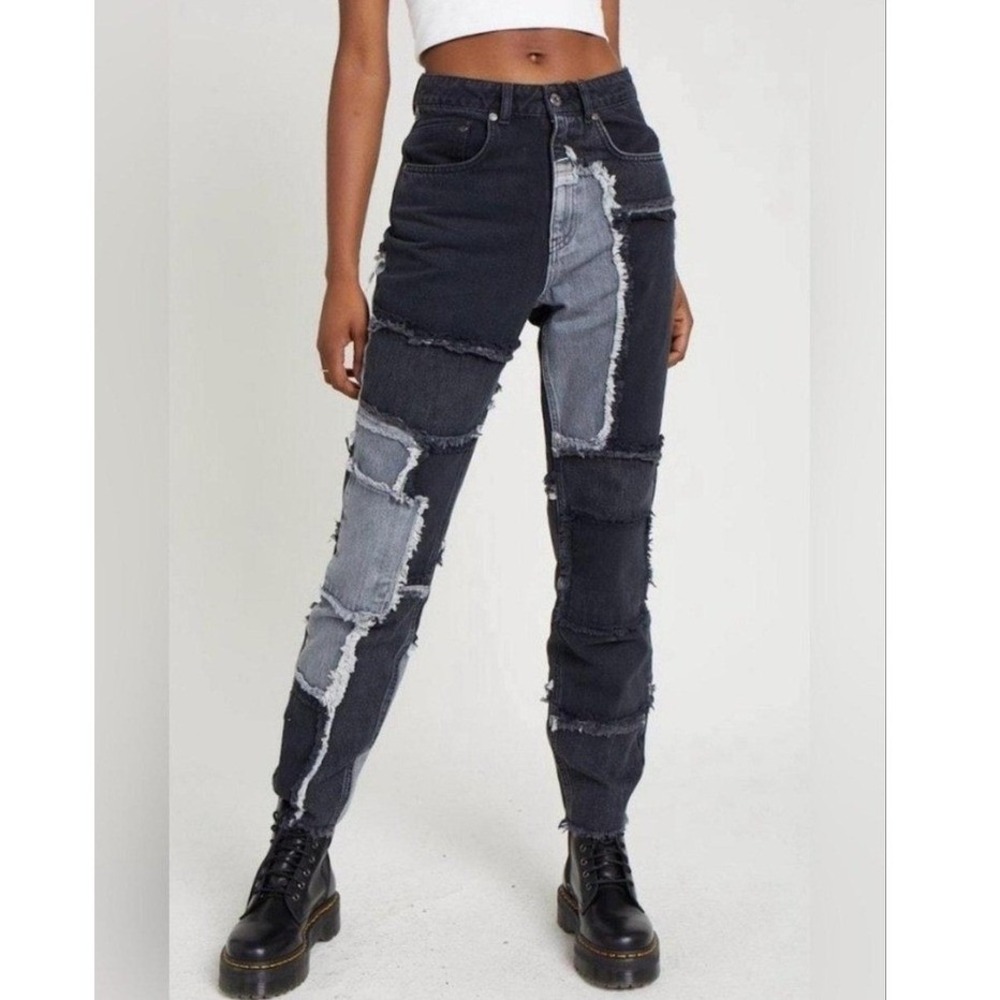 The Ragged Priest Patchwork Jeans Black Grey High Rise Straight Leg Size 30 Y2K